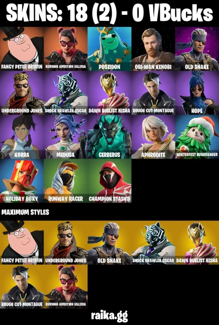 18 skins | Fancy Peter Griffin | Burning Ambition Valeria | Poseidon | Obi-Wan Kenobi | Old Snake | Underground Jones | A3894