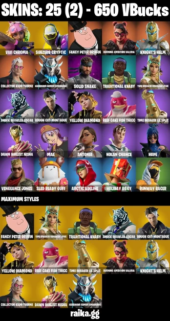 25 skins | Vivi Chroma | Subzero Cryptic | Fancy Peter Griffin | Burning Ambition Valeria | Knight's Helm | A3906