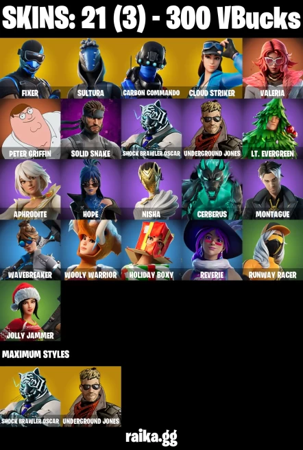 21 skins | Peter Griffin | Fixer | Sultura | Carbon Commando | Cloud Striker | Valeria | Solid Snake | A3907