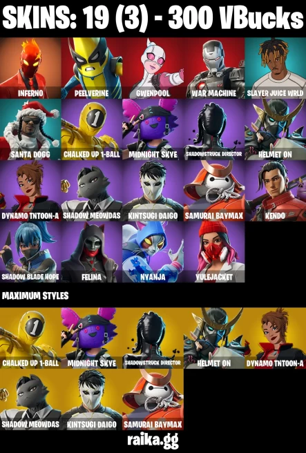 19 skins | Inferno | Peelverine | Gwenpool | War Machine | Slayer Juice WRLD | Santa Dogg | Chalked Up 1-Ball | A3908
