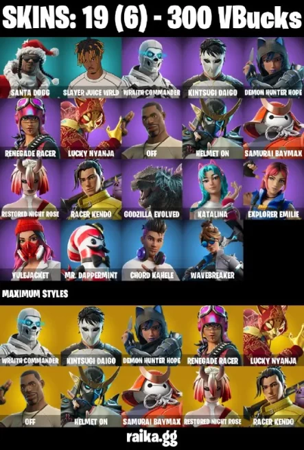 19 skins | Santa Dogg | Slayer Juice WRLD | Wraith Commander | Kintsugi Daigo | Demon Hunter Hope | Renegade Racer | A3910
