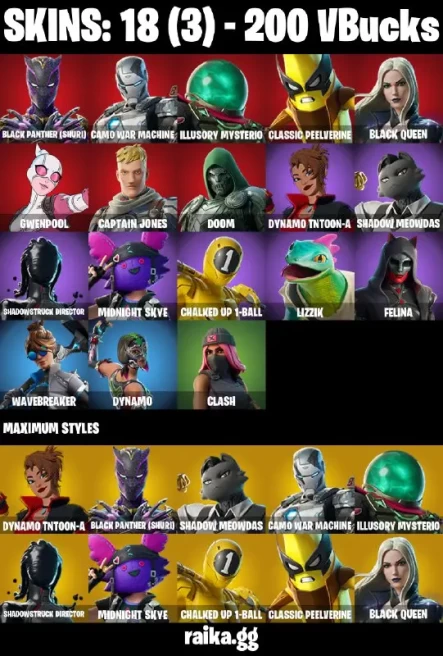 18 skins | Black Panther (Shuri) | Camo War Machine | Illusory Mysterio | Classic Peelverine | Black Queen | Gwenpool | A3914
