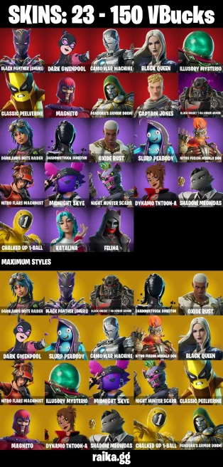 23 skins | Black Panther (Shuri) | Dark Gwenpool | Camo War Machine | Black Queen | Illusory Mysterio | A3925