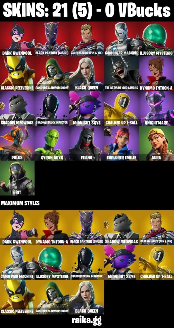 21 skins | Dark Gwenpool | Black Panther (Shuri) | Captain Jones (Pen & Ink) | Camo War Machine | Illusory Mysterio | A3927