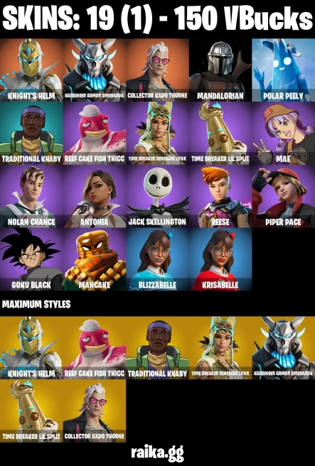 19 skins | Mandalorian | Knight's Helm | Harbinger Armor Omegarok | Collector Kado Thorne | Polar Peely | A3960