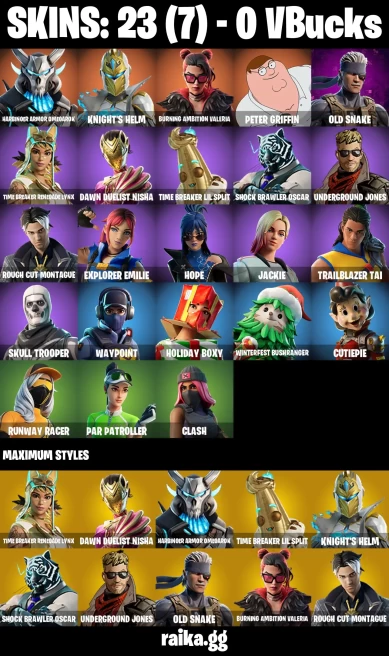 23 skins | Skull Trooper | Peter Griffin | Harbinger Armor Omegarok | Knight's Helm | Burning Ambition Valeria | A3963