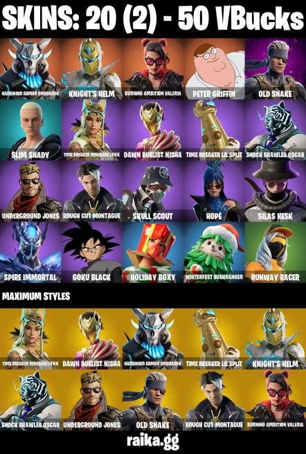 20 skins | Peter Griffin | Harbinger Armor Omegarok | Knight's Helm | Burning Ambition Valeria | Old Snake | Slim Shady | A3971