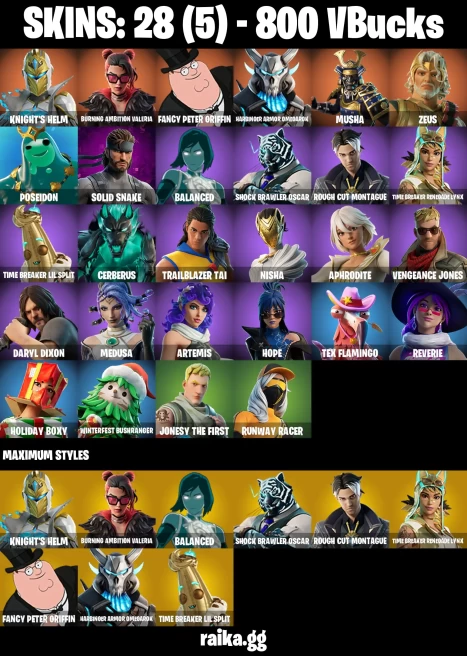 28 skins | Knight's Helm | Burning Ambition Valeria | Fancy Peter Griffin | Harbinger Armor Omegarok | Musha | Zeus | A3983