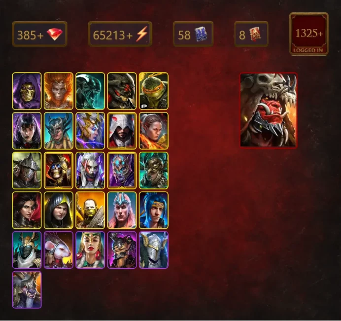 [STARTER]Ninja+Elva Autumnborn+Ash'nar Dragonsoul+Skeletor+Wukong+Xenomorph+Michelangelo+Alice+Scyl+Deliana+55Epics