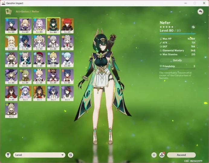 ASIA|AR 43|Starter|1 Limited + 21Bintang 4 karakter|Nefer,Diluc,Mizuki,Dehya|Eksplor Sedikit|MC Female|GI174B