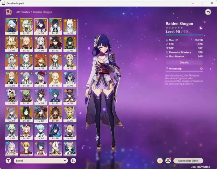 ASIA|AR 60|14 Limited|[R.Shogun,Yelan,Arlecchino,Neuvillette+C1]+Sign, Furina,Nahida,Zibai,Xilone,Kazuha|Check SS|GI175B