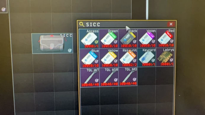 PVE - Complete Labs Keycard Set (Red, Blue, Green, Violet, Black, Yellow .Lab Access Cards (10,000 uses) + SICC (as shown in the image)