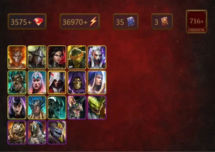 [STARTER]Martyr+Granyt Doorkeep+Wukong+Rathalos+Adelyn+Michelangelo+Visix+Leminisi the Gold-Wing+Loki+Ezio Auditore+35Epics