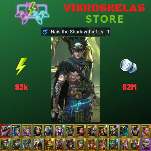Starter with Mythical - Nais : 93k energy / 62 mln coins / Morrigaine, Yannica, Arix, Ninja + 20 Login Legendaries / Fahrakin