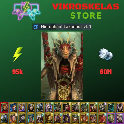 Starter with Mythical - Lazarius : 95k energy / 60 mln coins / Lord Shazar, Ruarc, Arix, Ninja + 20 Login Legendaries / Geomancer