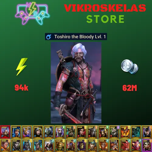 Starter with Mythical - Toshiro : 94k energy / 62 mln coins / Drexthar, Mortu-Macaab, Arix, Ninja + 20 Login Legendaries / Demytha 2x
