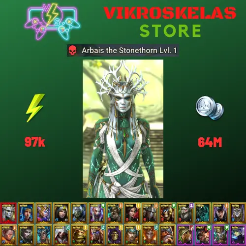 Starter with Mythical - Arbais : 97k energy / 64 mln coins / Ankora, Arix, Ninja + 20 Login Legendaries / Demytha, Madame Serris