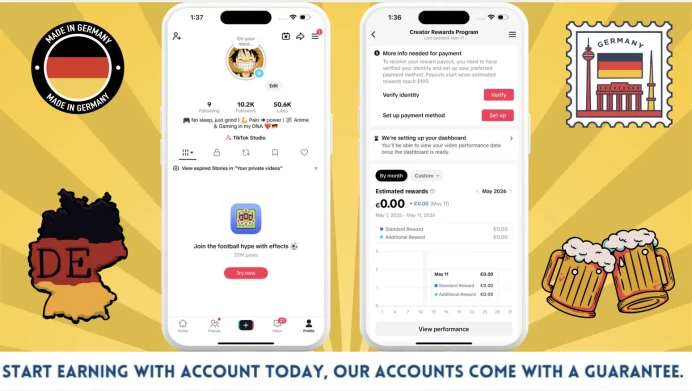 Germany Monetized Creator Rewards Program Account | 10k Real Followers & 50k Likes | Real screenshots + Full Access + Account in Good Standing