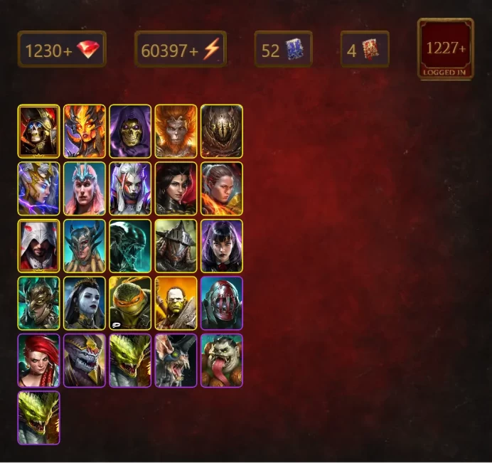 [STARTER]Graazur+Sanguine Maria+Deathknight+Sicia+Skeletor+Wukong+Deliana+Loki+Visix+Adelyn+Ronda+Ezio Auditore+Scyl+60Epics
