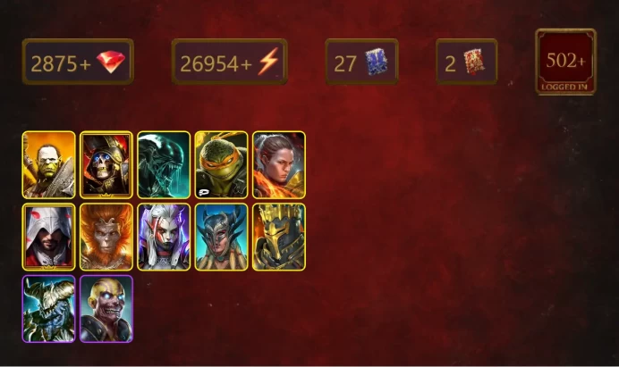 [STARTER]Roshcard+Bayek+Artak+Deathknight+Xenomorph+Michelangelo+Ronda+Ezio Auditore+Wukong+Visix+Scyl+Necrohunter+26Epics