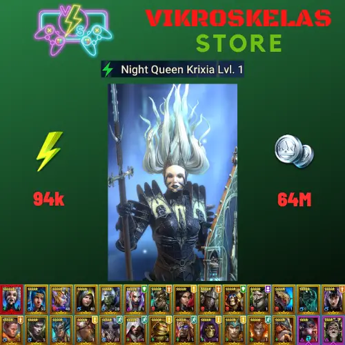Starter with Mythical - Krixia : 94k energy / 64 mln coins / Prince Kymar, Var-Gall, Arix, Ninja + 20 Login Legendaries / Oboro