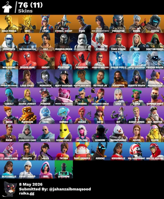 [PC/PSN/XBOX] 76Skins *17 Max styles*| Gold Midas,Lynx, Fade,Mandalorian,Laracraft,Spider-Man, Deadpool,Rebirth Raven,Lexa,Summer Drift,Skye,Oce