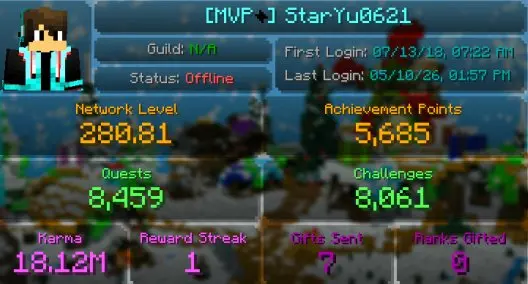 MC33  280 LVL HYPIXEL 43 STAR SW 176 STAR BW BATTLE PASS SEASON 1 | MVP+