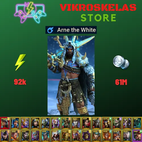 Starter with Mythical - Arne : 92k energy / 61 mln coins / Sniktraak, Truath, Incarnate, Arix, Ninja + 20 Login Legendaries