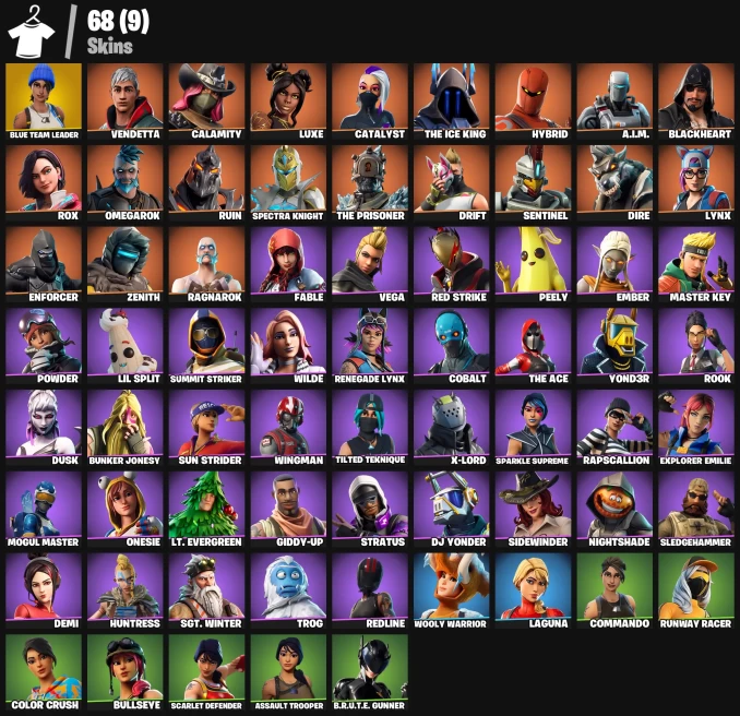 68 skins | Blue Team Leader | Spectra Knight | Ragnarok | Calamity | Hybrid | The Prisoner | The Ice King | Zenith |