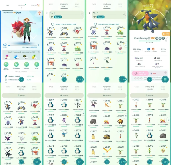 AC1488 -lv 62 Mystic | x10 3000CP | x84 2000CP | x21 Legendary | x11 SHUNDO | x59 shiny | x24 100IV | Shundo 3000CP+ Garchomp Metagross Gyarados