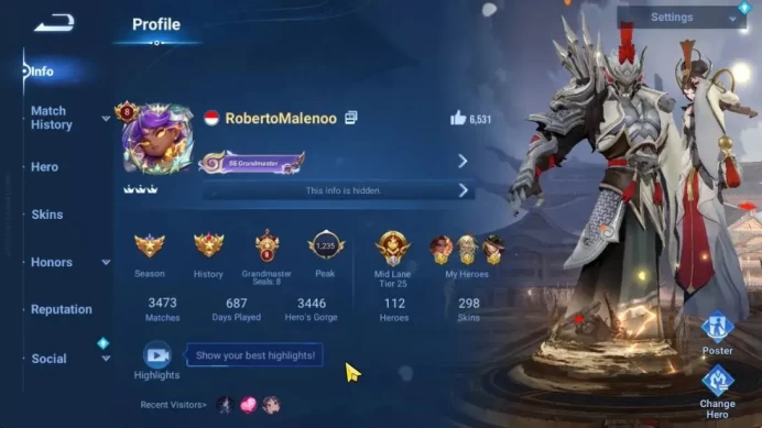Hero112 Skin 298|3 Flawles(Daji,MaiShiranui,LadyZhen),2 Blessed(Nakoruru,Ukyo),2Mythic(Hanxin,Kongming),Mozi(Ultraman)|(HOK1994)