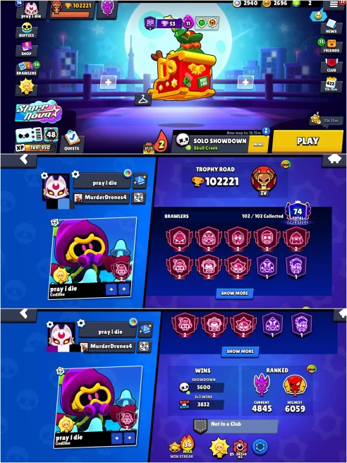 OP BS 102.2k TROPHY, SOLAR FAME 1,74 PRESTIGE,102/102UNLOCKED,26 HYPER CHARGED, 9 MAXED, 373 OP SKINS, 1008 PINS, 584ICON,308 SPRAYS