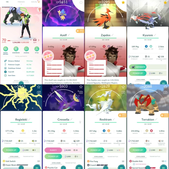 2227 Level 70 Legends100 x13 Reshiram100 Galarian Zapdos 100iv SHUNDO Azelf Shiny White Kyurem BG