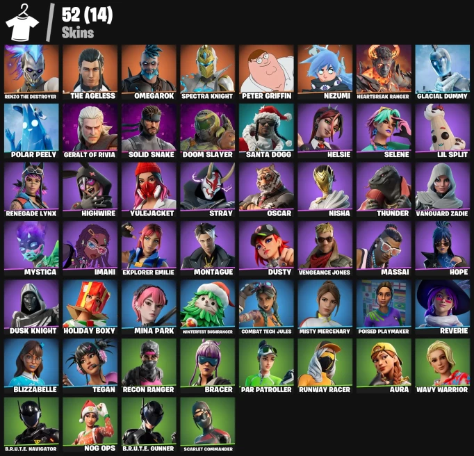 52 skins | Renzo the Destroyer | The Ageless | Omegarok | Spectra Knight | Peter Griffin | Nezumi | Heartbreak Ranger | Glacial Dummy | 300 VB