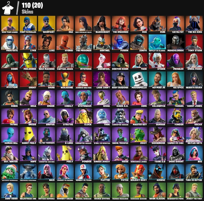 110 skins | OG STW | Point Patroller | Raz | Gear Specialist Maya | Blackheart | The Imagined | Rox | Ruin | Catalyst | The Ice King | Frostbite