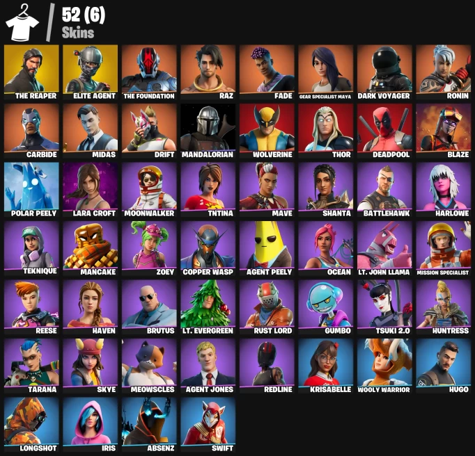 52 skins | The Reaper | Elite Agent | The Foundation | Raz | Fade | Gear Specialist Maya | Dark Voyager | Ronin | Carbide | Midas | Drift | 150 