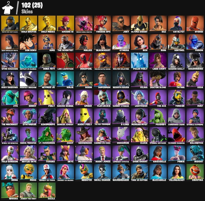 102 skins | Master Chief (Matte Black) | Gold Brutus | Gold Midas | Arcane Vi | Mecha Cuddle Master | Tricera Ops | Joey | Ultima Knight | Raz 