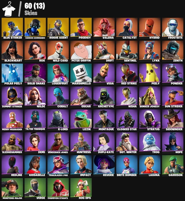 60 skins | Blue Striker | Carbon Commando | Rogue Agent | Prodigy | Valeria | Catalyst | Hybrid | Frostbite | Blackheart | Rox | Wild Card | 400