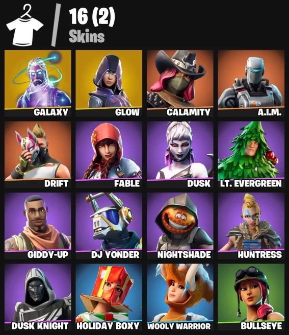 16 skins | Galaxy | Glow | Calamity | A.I.M. | Drift | Fable | Dusk | Lt. Evergreen | Giddy-up | DJ Yonder | Nightshade | Huntress | 300 VB