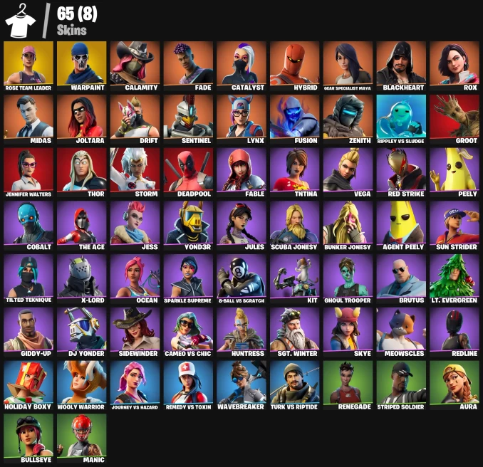 65 skins | OG STW | Calamity | Fade | Catalyst | Hybrid | Gear Specialist Maya | Blackheart | Rox | Midas | Joltara | Drift | Sentinel | Lynx | 