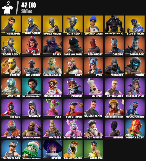 47 skins | The Reaper | Blue Squire | Royale Knight | Elite Agent | Blue Team Leader | Omega (stage 5) | Blue Striker | Rogue Agent | Valor | 10