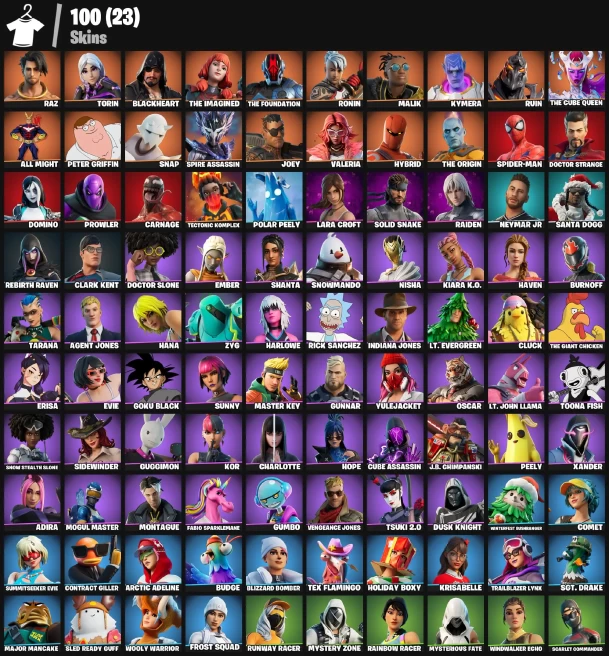 100 skins | Raz | Torin | Blackheart | The Imagined | The Foundation | Ronin | Malik | Kymera | Ruin | The Cube Queen | All Might | Peter Griffi