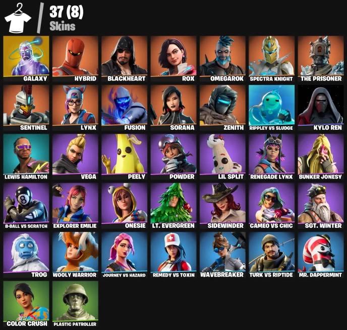 37 skins | Galaxy | Hybrid | Blackheart | Rox | Omegarok | Spectra Knight | The Prisoner | Sentinel | Lynx | Fusion | Sorana | Zenith | 200 VB