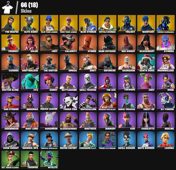 66 skins | OG STW | The Reaper | Elite Agent | Blue Team Leader | Blue Striker | Royale Bomber | Trilogy | Carbon Commando | Prodigy | Valor | J