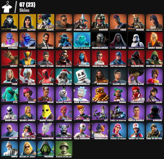 67 skins | Grind | Clutch | Dante | Joey | Eternal Knight | Shogun | Fade | Musha | Gear Specialist Maya | Kymera | Fusion | John Wick | 150 VB