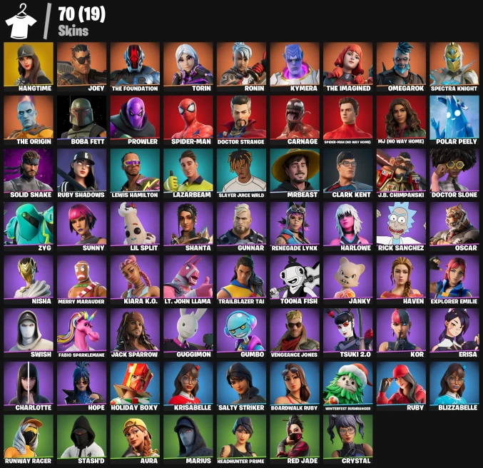 70 skins | Hangtime | Joey | The Foundation | Torin | Ronin | Kymera | The Imagined | Omegarok | Spectra Knight | The Origin | Boba Fett | 350 V