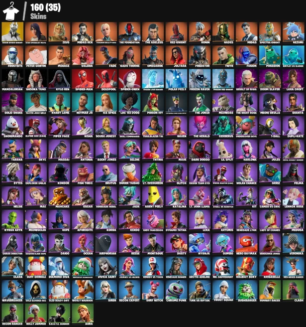 160 skins | Rogue Spider Knight | Gear Specialist Maya | Zeus | Midas Rex | Paradigm (Reality-659) | The Foundation | The Ageless | Red Knight |