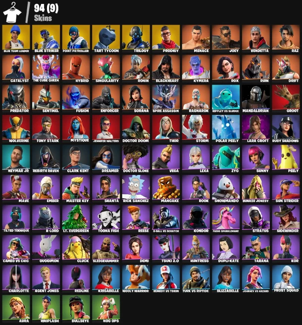 94 skins | Blue Team Leader | Blue Striker | Point Patroller | Tart Tycoon | Trilogy | Prodigy | Menace | Joey | Vendetta | Raz | Catalyst | 650