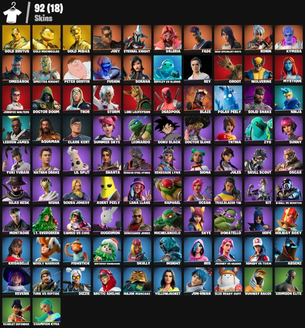 92 skins | Gold Brutus | Gold Meowscles | Gold Midas | Joey | Eternal Knight | Valeria | Fade | Gear Specialist Maya | Ronin | Kymera | 500 VB