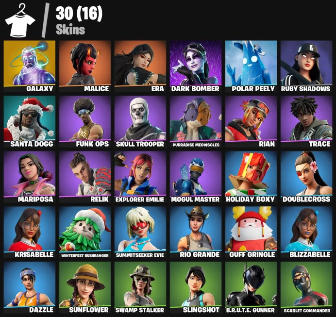 30 skins | Galaxy | Malice | Era | Dark Bomber | Polar Peely | Ruby Shadows | Santa Dogg | Funk Ops | Skull Trooper | Purradise Meowscles | 100 